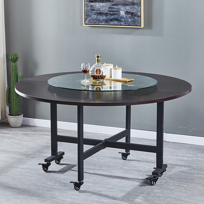 五庭折叠圆桌餐桌家用多功能可移动带轮大桌子客厅吃饭餐台三折大圆桌