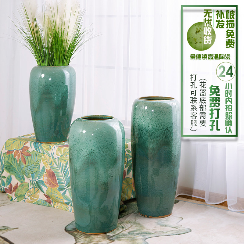 景德镇陶瓷落地大花瓶客厅玄关花插花器陶罐酒店欧式装饰家居摆件 三维工匠 小三件套小中大一套价格不带花高清大图