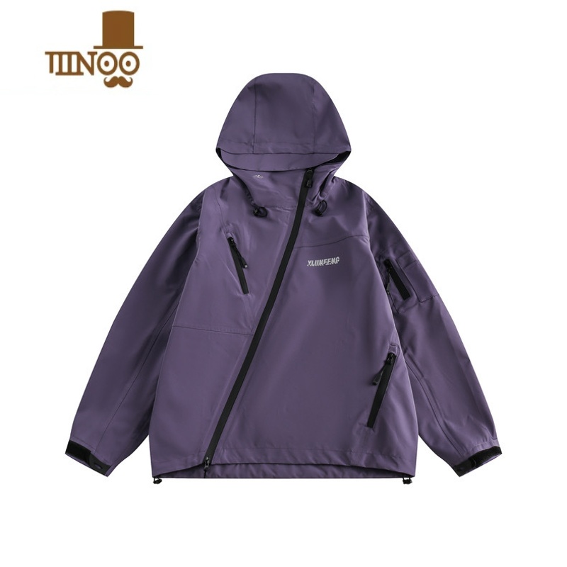 YANXU新款户外机能宽松紫色冲锋衣外套男设计感斜拉链工装夹克外男 L 紫色