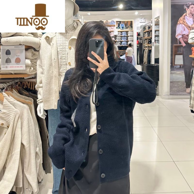 YANXU男装 女装 针织开衫长袖毛衣毛线翻领宽松外套K/438794 藏青色 M