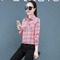 格子衬衫女长袖新款韩版复古港味打底衫衣大码春秋装休闲单穿外套 粉红色/格子 S
