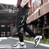 梵克公牛装街头潮牌工装裤男多口袋束脚裤余文乐常规抽绳休闲长裤男1921 黑色