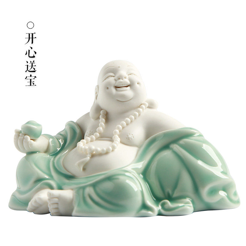 弥勒佛客厅酒柜装饰小摆件创意陶瓷汽车摆件车载佛像车内 三维工匠 开心送宝-青釉送佛珠高清大图