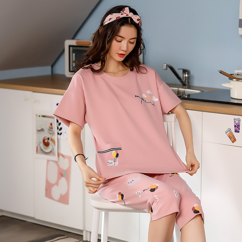 浪莎睡衣女款夏季套装新款夏天纯棉短袖可爱网红休闲家居服可外穿