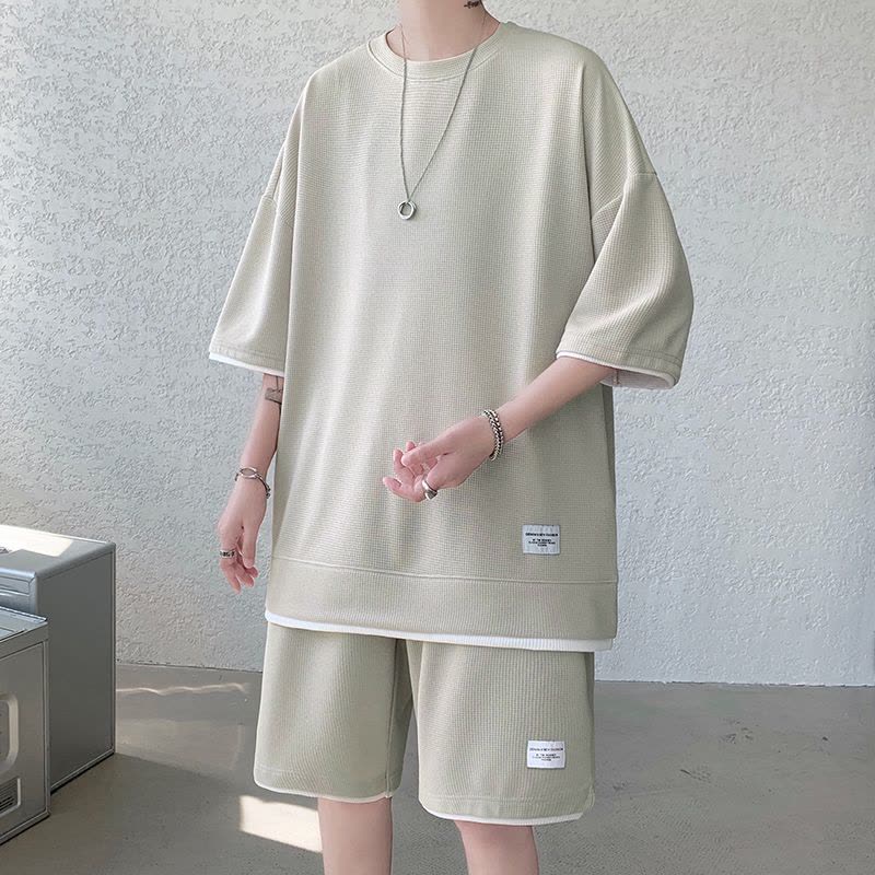 华夫格休闲套装男夏季冰丝短袖t恤 男装一套搭配帅气潮牌运动衣服Wsng图片