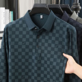 男士春秋长袖polo衫中年休闲衬衣领宽松立体格子T恤男装半袖上衣 XL 哈青