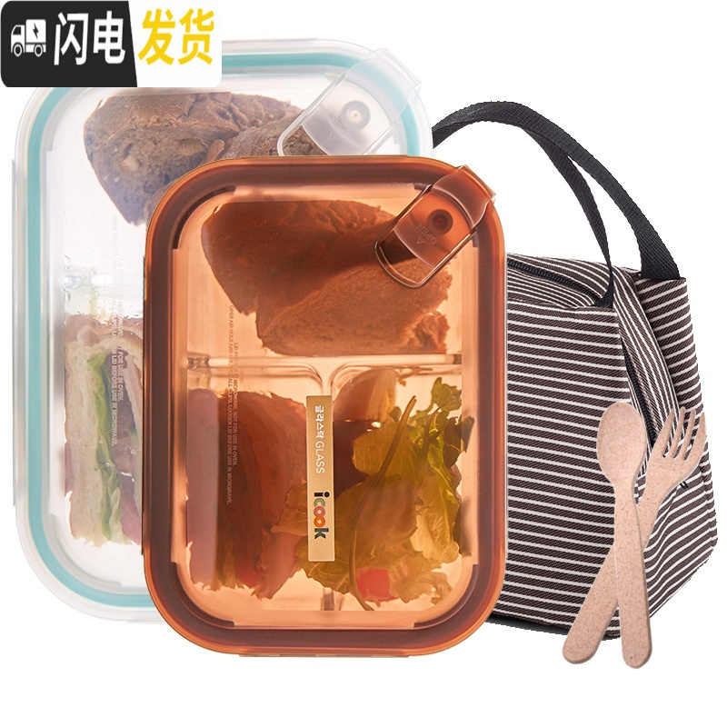 三维工匠玻璃分隔饭盒韩国学生上班族微波炉保鲜盒玻璃碗带盖饭盒便当盒 两分隔白1020,赠餐具高清大图