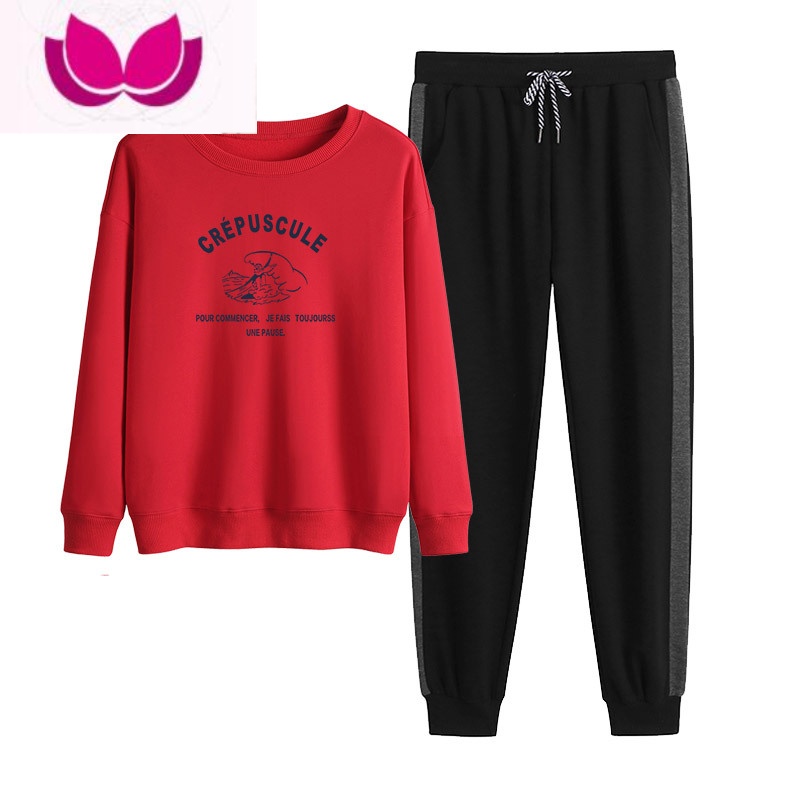 七斓薄款卫衣女ins潮韩版简约宽松裤子套bf圆领休闲运动套装 红色+灰边不加绒 XXXL