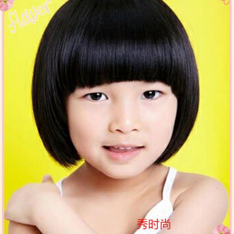 高端品牌儿童假发女全头假发女可爱小女孩假发小学生女童假发逼真 儿童6-8岁齐刘海自然黑