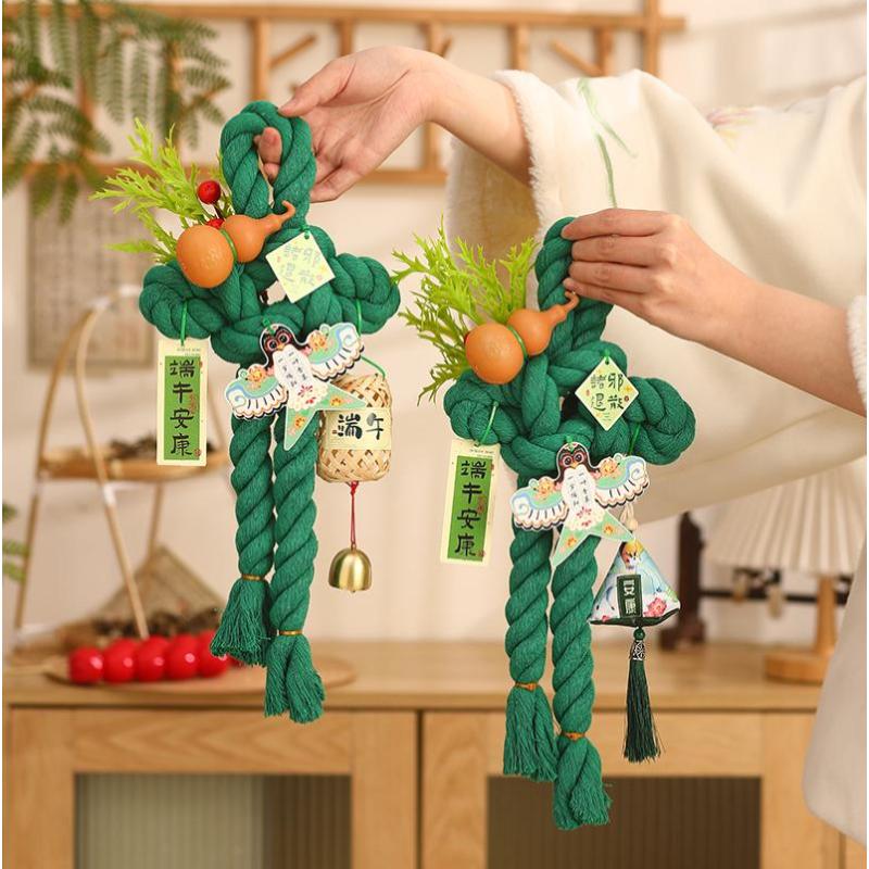 端午节万字结手工中国结2025新款diy挂饰门挂装饰品挂件场景布置-大号绿色┊绑带万字结成品+竹编挂件--
