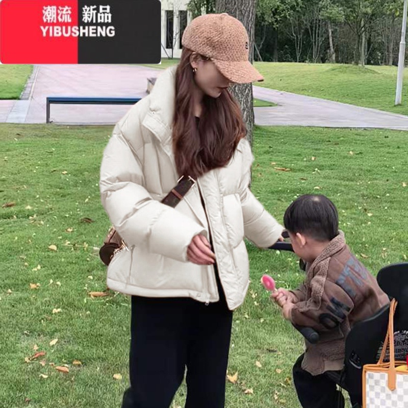 YIBUSHENG2023年新款冬季羽绒棉服女韩版加厚小个子面包服棉衣棉袄宽松外套 米白色 S推荐75-105斤
