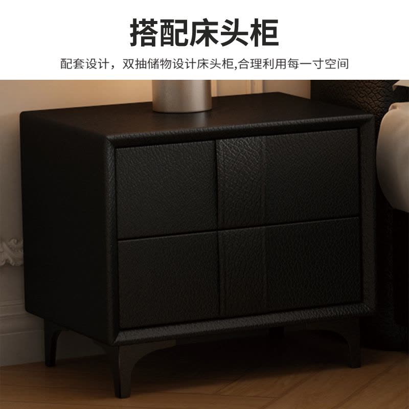 欧梵森意式极简真皮床黑色华夫格主卧小户型婚床现代简约轻奢软包储物床图片