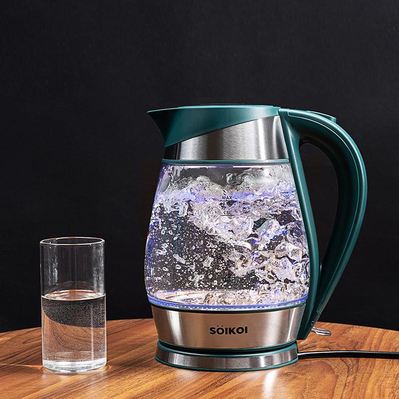 日本电热水壶家用透明玻璃的自动断电大容量烧水壶开水茶壶墨绿
