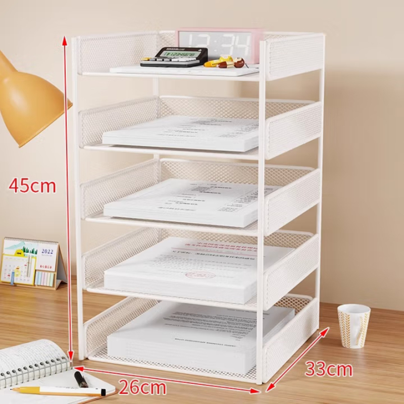 得力文件架多层办公室资料架分层a4文件收纳架桌面档案置物架办公桌收纳盒书桌多层整理架白色-密网五层[26*33*46]
