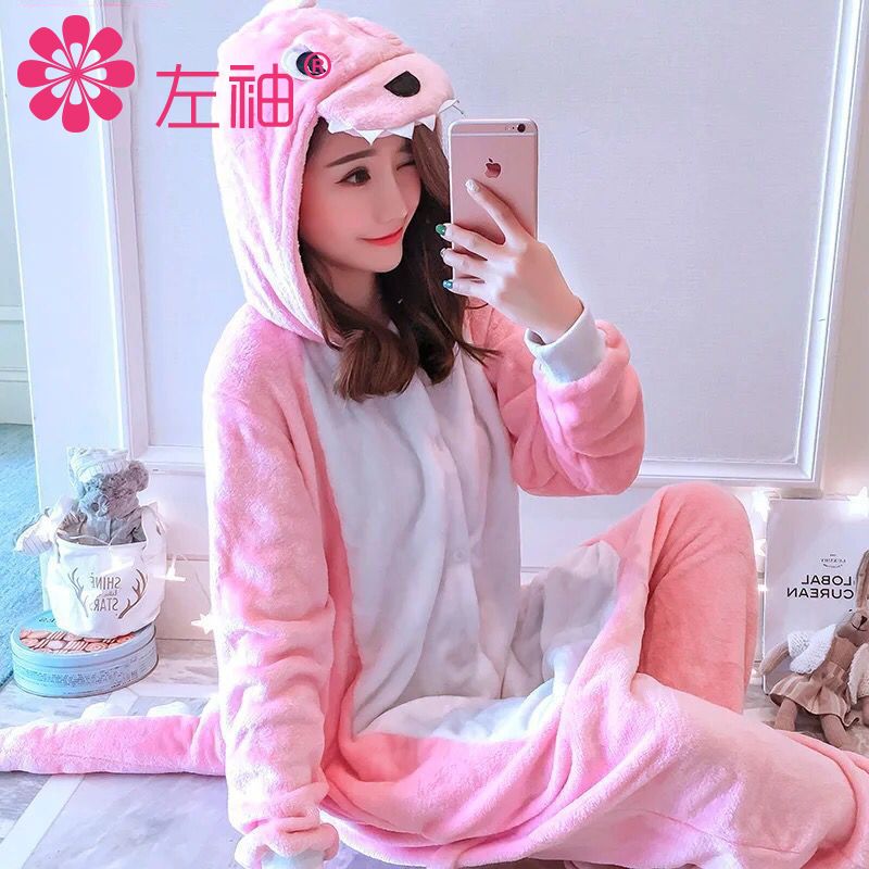 卡通连体睡衣女秋冬恐龙动物情侣学生可爱家居服加厚法兰绒珊瑚绒 玫