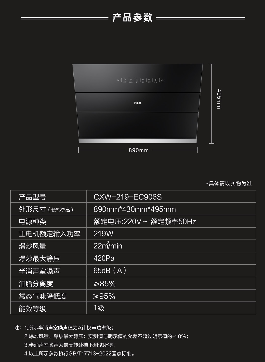 海尔CXW-219-EC906S 抽油烟机 侧吸家用 22m³/min 350pa 一键自清洁油烟机高清大图