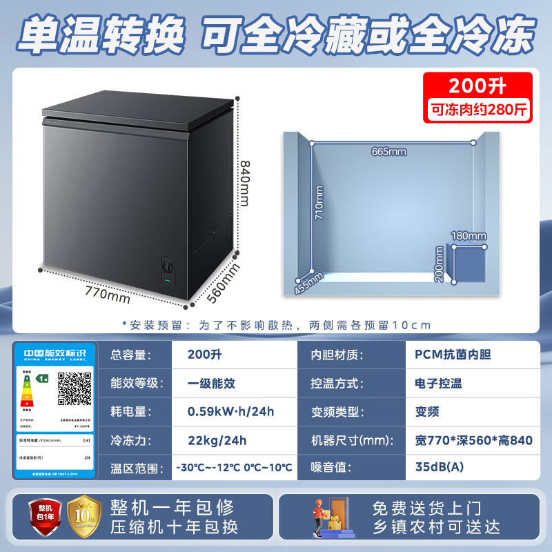[自营]美的冷柜酷省电200L变频省电节能减霜单温家用冰柜冷藏冷冻一级能效小型冰箱MF-200KPM高清大图