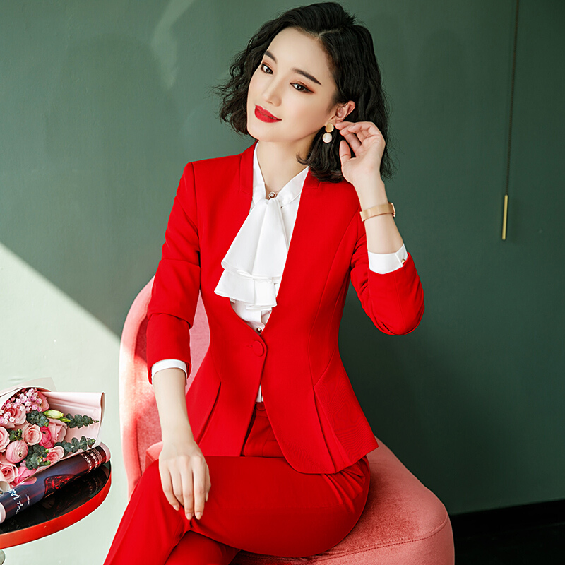 岚心云 红色西装套装女秋冬时尚气质职业装正装西服三件套装师工作服