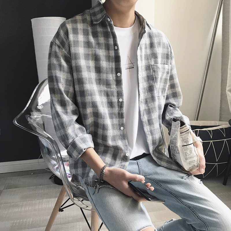 格子衬衫男长袖春秋韩版休闲宽松潮流帅气青少年寸衫男士衬衣