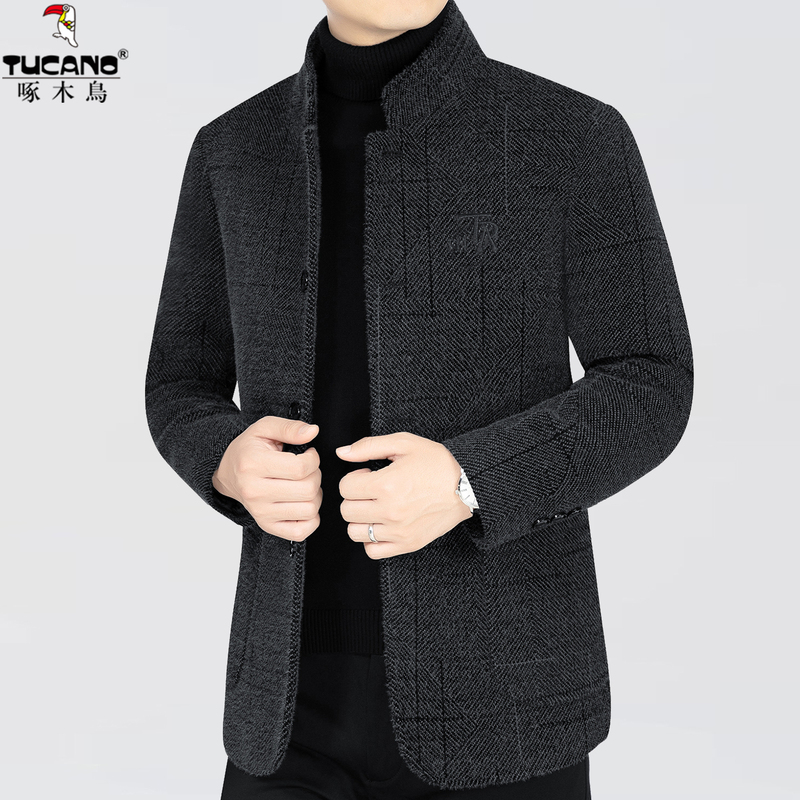 啄木鸟高端毛呢大衣男士秋冬季中年加厚外套休闲短款立领呢子夹士高清大图
