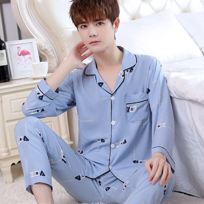 睡衣男春秋款长袖针织棉家居服套装男士睡衣青年中年老年人秋冬季