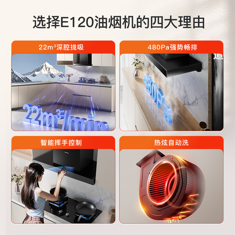 百得(BEST)华帝出品欧式家用抽油烟机E120 22立方吸力 T型顶吸式 一级能效 自动清洗 家用脱排热炫洗单烟机
