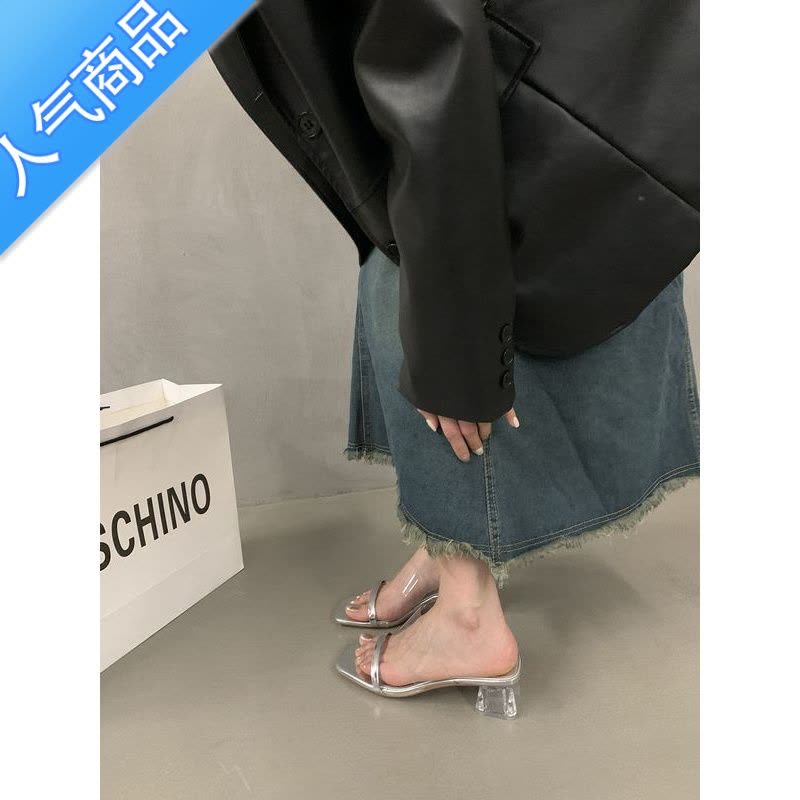 SUNTEK法式透明凉拖高跟一字拖鞋仙女鞋子外穿2023年夏季设计感晚风凉鞋图片