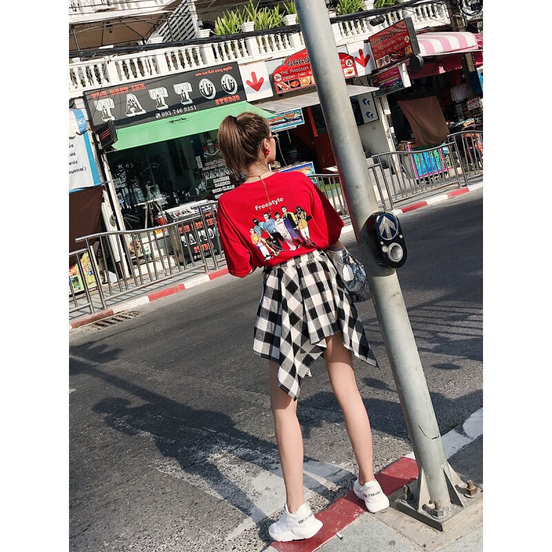 2018夏新款黑白格子不规则a型高腰港味复古chi半身裙女学生短裙子 图片色 均码