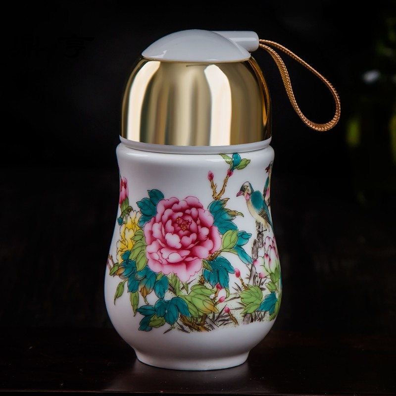 鼎亨景德镇便携陶瓷杯青花瓷随手杯大肚奶杯礼品茶杯子创意女养生