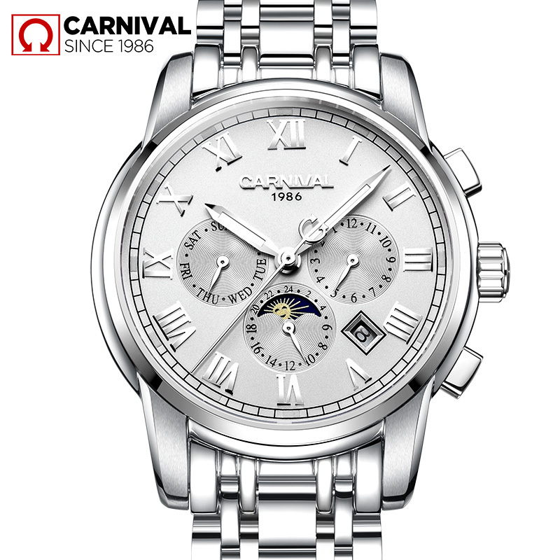 嘉年华carnival手表男士全自动机械表男表金属精钢休闲时尚日历日月