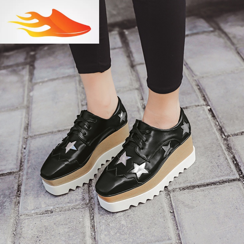 fish basket韩版百搭星星松糕鞋新方头系带坡跟单鞋女鞋休闲增高香槟