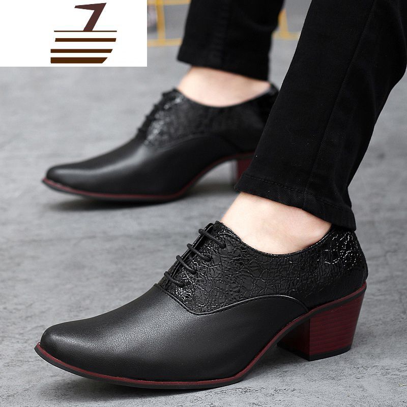 尗卡男士高跟皮鞋尖头皮鞋男厚底增高英伦发型师鞋白色商务休闲鞋影楼