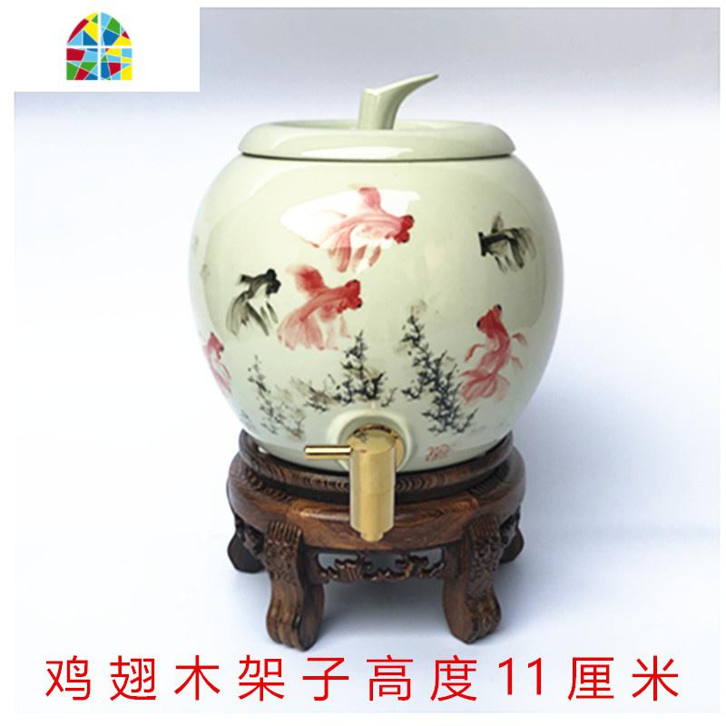 5升手画陶瓷冷水壶带龙头装开水 汗蒸室凉瓶大容量家用可高温泡茶 FENGHOU 荷花抽水缸绿无水龙头盖子钻孔高清大图