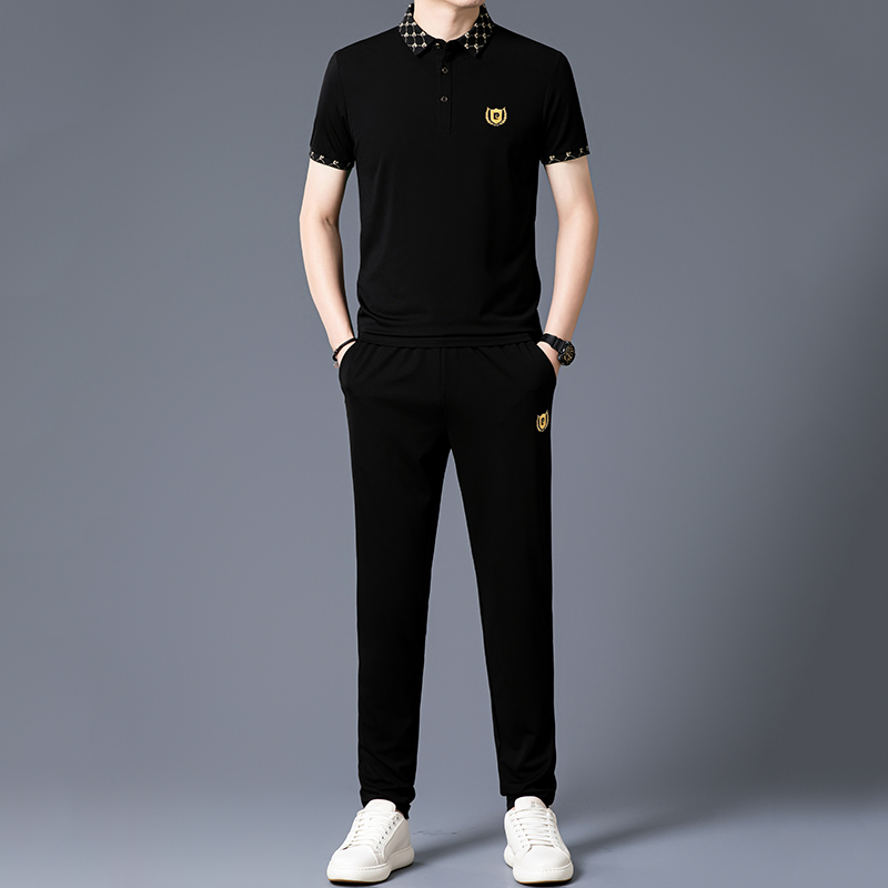 恒源祥高端桑蚕丝男士休闲运动套装男款短袖冰丝翻领搭配气质夏装 5090款黑色 180/XXL适合体重155-175斤)