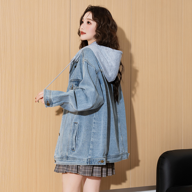 [2.5折价214元]唐狮春季新款女牛仔外套拼接连帽宽松休闲设计感超好看上衣k