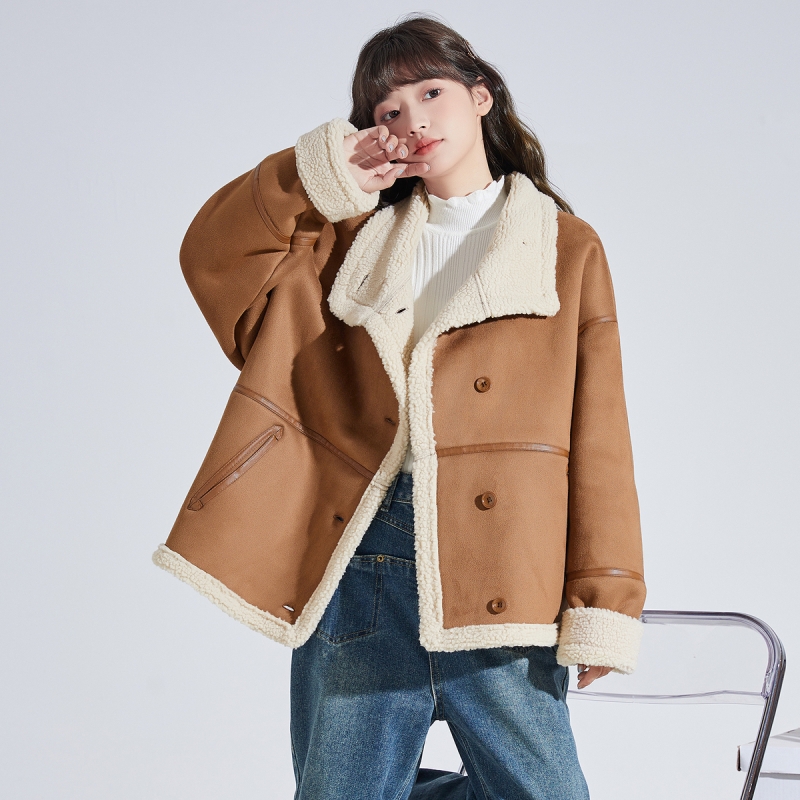唐狮2024秋冬新款女翻领仿麂皮绒仿羊羔毛休闲洋气美拉德外套k_7371 L 黄卡其