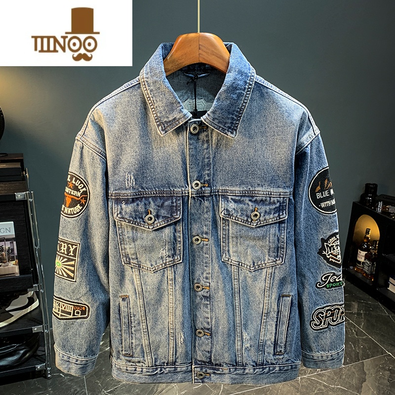 YANXU潮男牛仔外套2023美式复古个性刺绣外穿宽松长袖牛仔衣夹克男高清大图