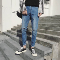 夏款港风个性破洞牛仔裤男士休闲时尚九分裤小脚裤韩版宽松哈伦裤