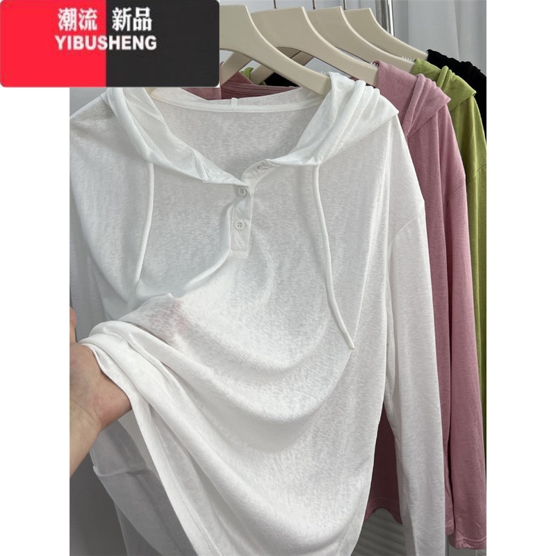 YIBUSHENG慵懒轻薄 凉感冰丝连帽防晒长袖t恤女韩版宽松休闲空调套头罩H高清大图