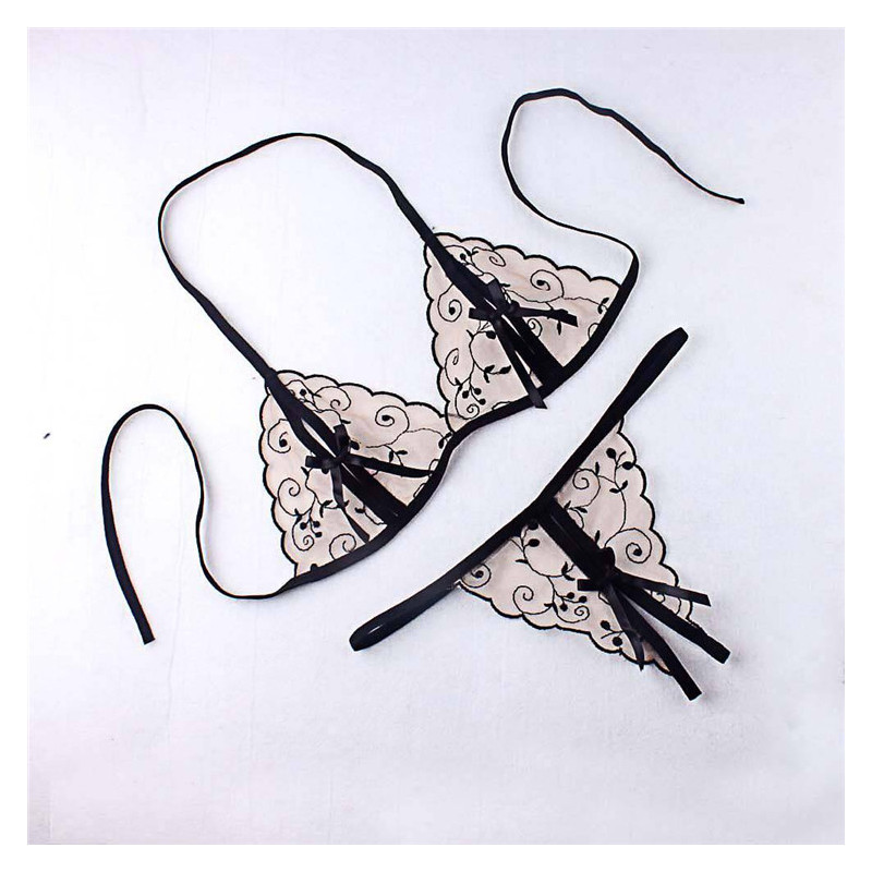 yunwuxin日系女士性感透明丁字裤蕾丝棉三点式内衣套装开裆内裤女内裤