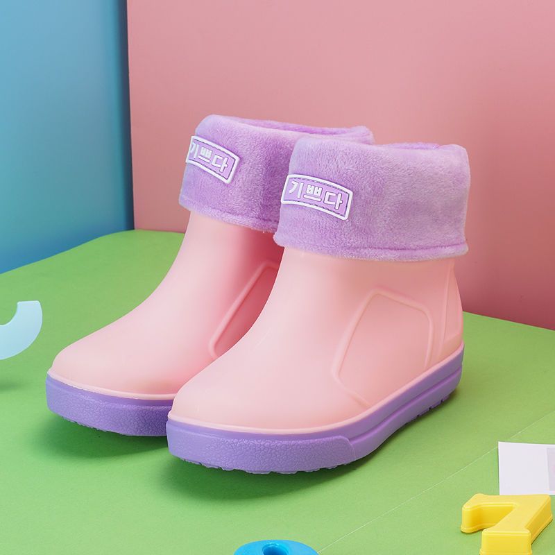 韩版时尚拼色儿童雨鞋学生雨靴防滑防寒加棉绒靴子男童女童防水鞋