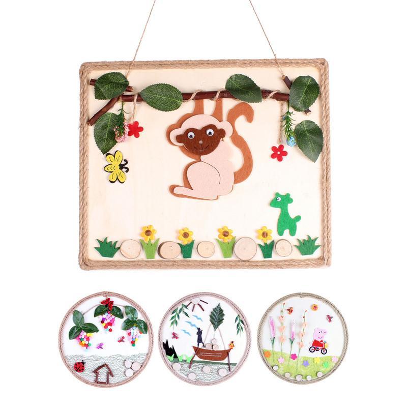 diy原木麻绳树枝画自然原木片手工制作材料包幼儿园创意木艺画框金色