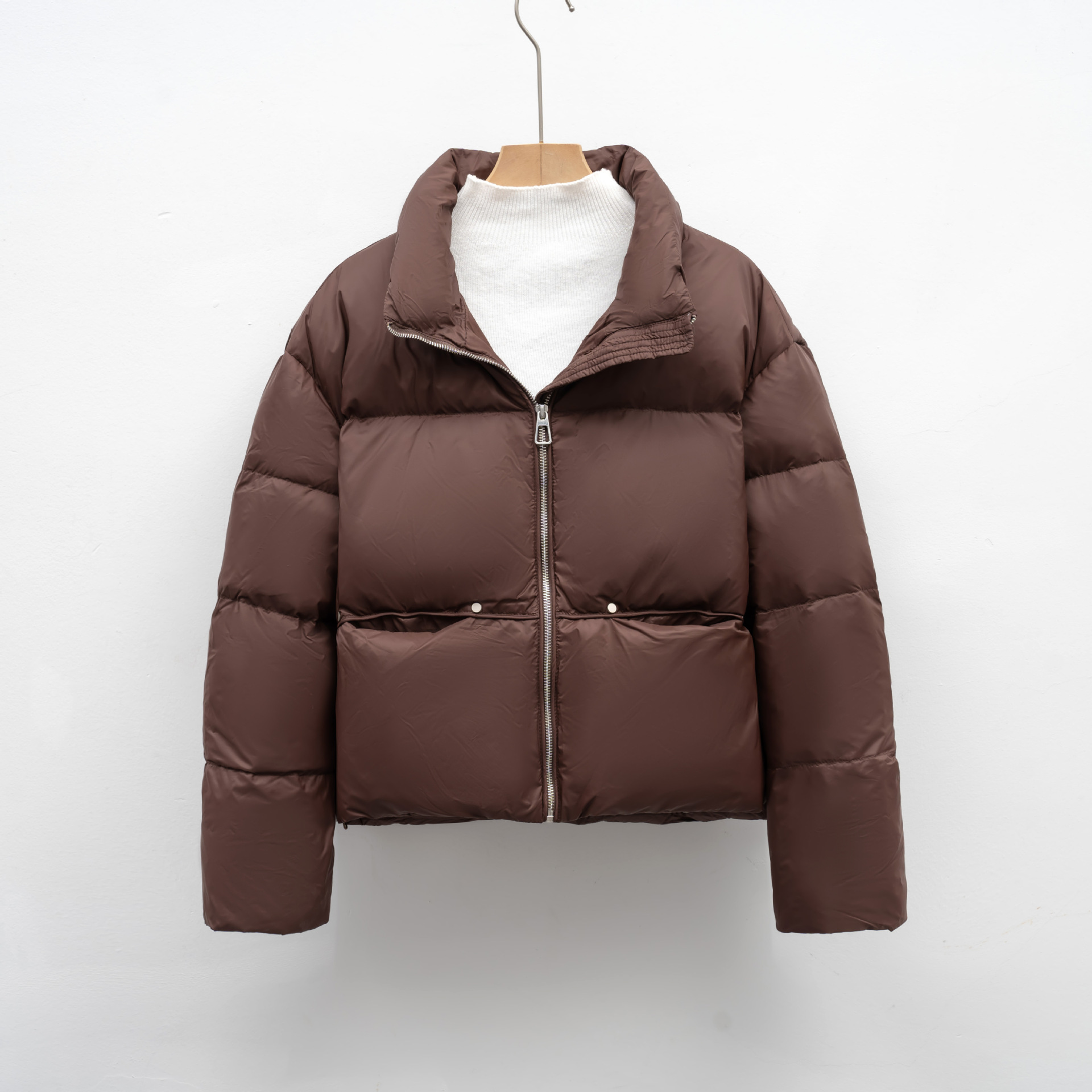 简约短款休闲鸭绒立领加厚保暖羽绒服冬季新款面包服外套 酒红色 M