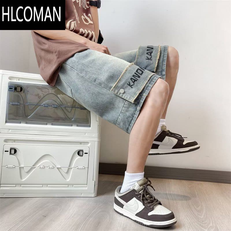 HLCOMAN美式复古vintage牛仔短裤男款夏季小众设计感裤子高街vibe五分裤图片