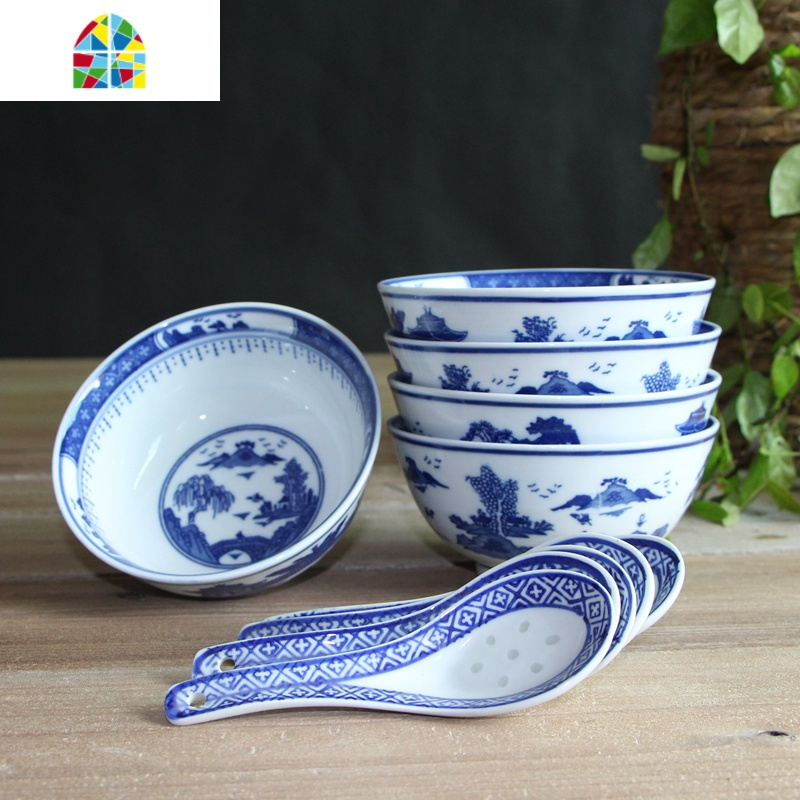 景德镇青花瓷餐具陶瓷玲珑碗瓷碗5英寸饭碗套装家用碗盘复古小碗 feng
