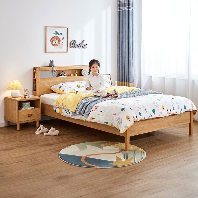 林氏家居简约北欧儿童床男孩女孩单人床小户型12米床红橡木实木床带夜