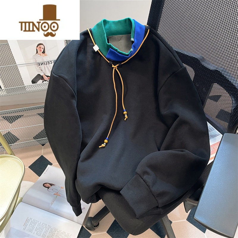 YANXU美式潮牌感痞帅拼接撞色卫衣男女欧美港风高街hiphop外套 黑色 M