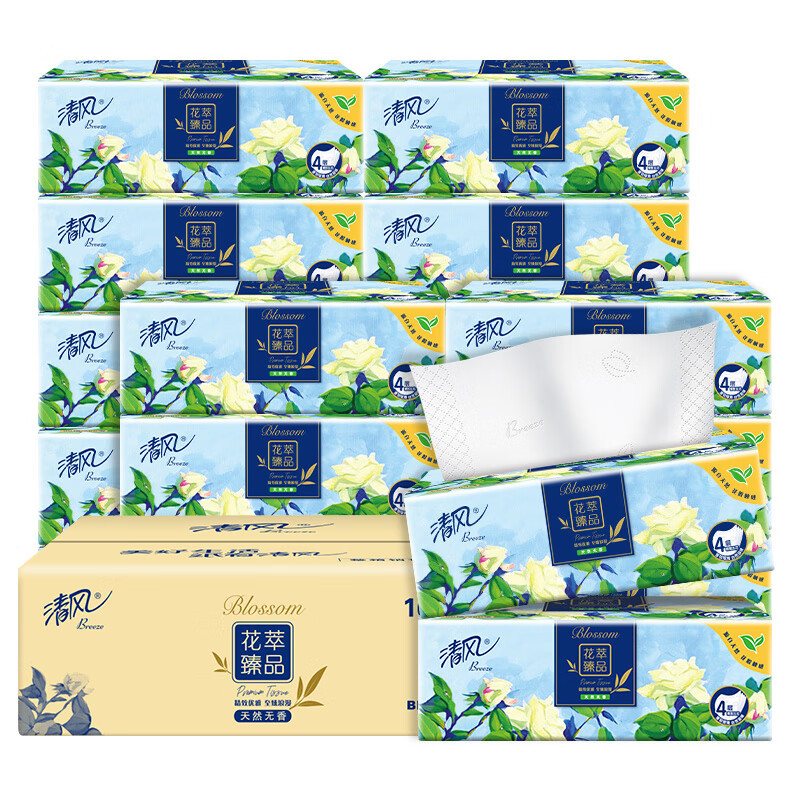 清风 花萃臻品4层90抽/包抽取式面巾纸BR12MHCE 16包*1 箱