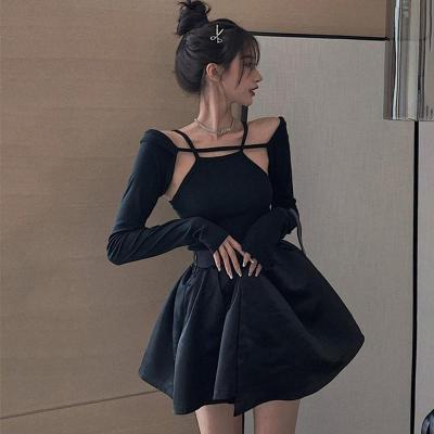 套装女2021春秋新款防晒罩衫+吊带背心上衣+高腰蓬蓬半身裙三件套 黑色罩衫 单件 S