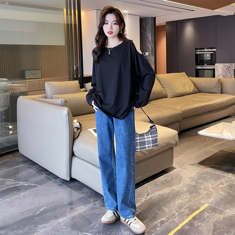 唐狮 长袖T恤女春夏季新款韩系简约圆领肩部镂空小众设计百搭
